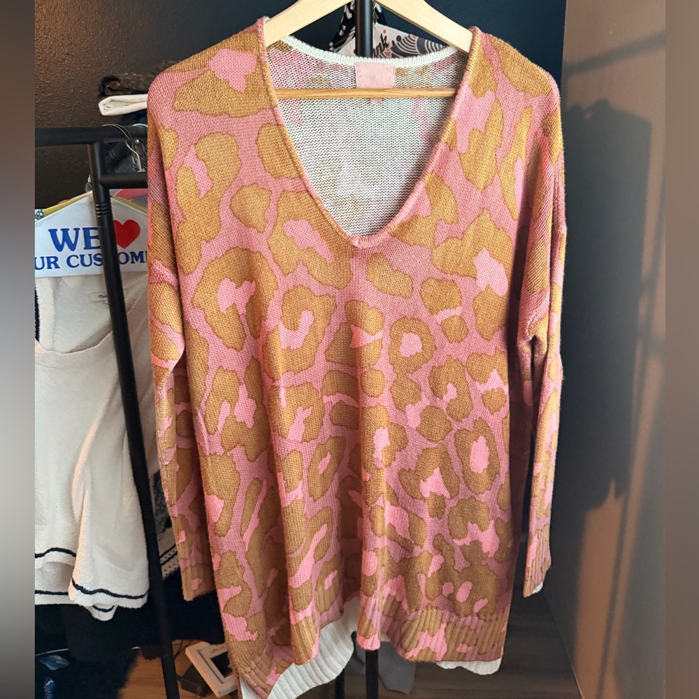 Pink and Tan Leopard Print V-Neck Sweater